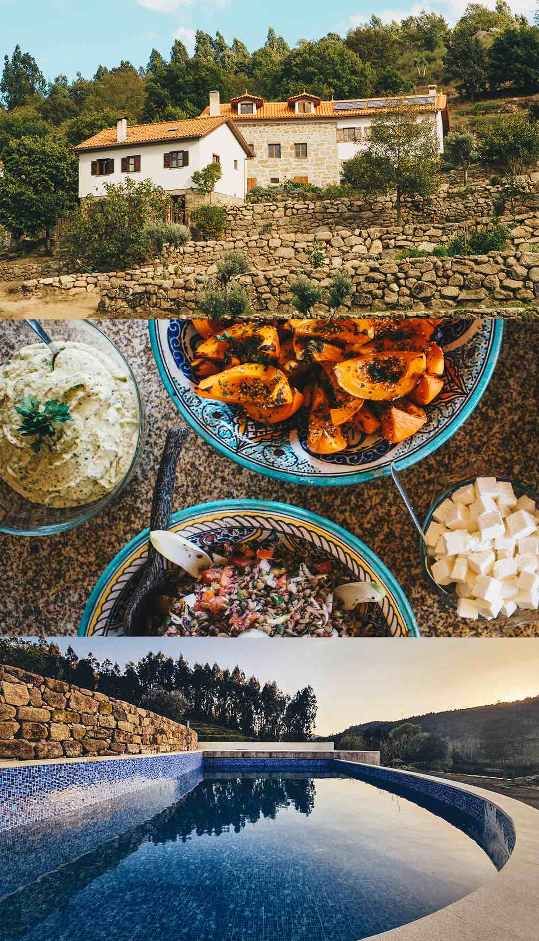 Bowls of prepared food laid out on a table, with the villa and pool above